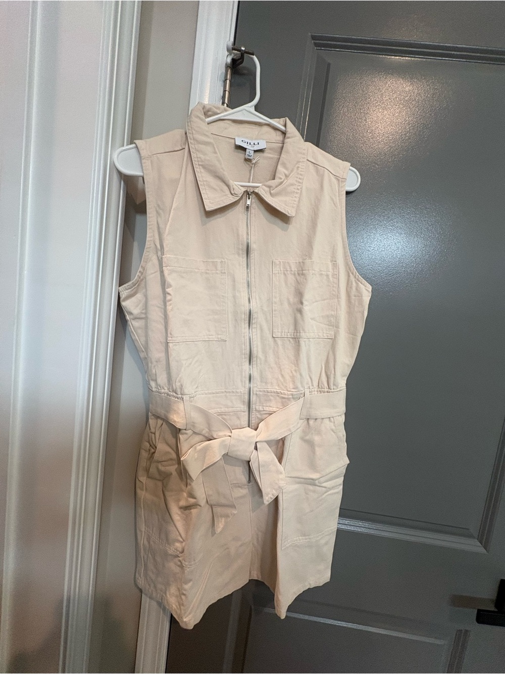 Gilli Beige Sleeveless Zip Romper with Self-Tie Waist - Picture 2 of 4